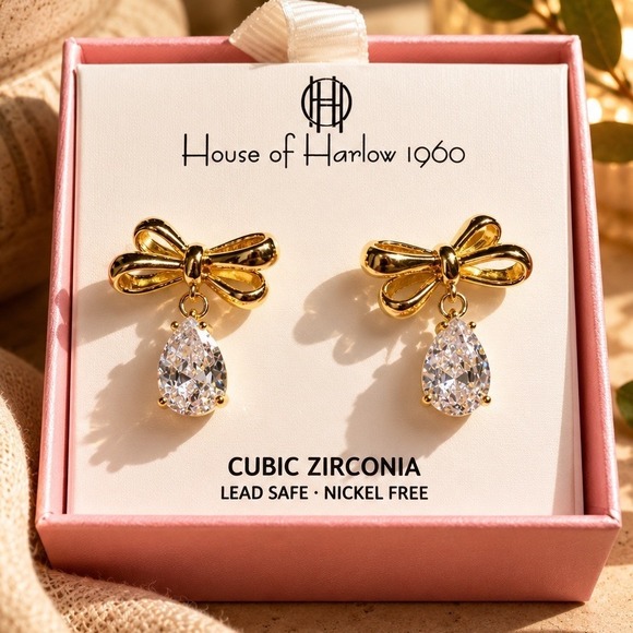 House of Harlow 1960 Jewelry - House of Harlow 1960 Chic Gold Bow Drop Earrings w/ White Cubic Zirconia Stone